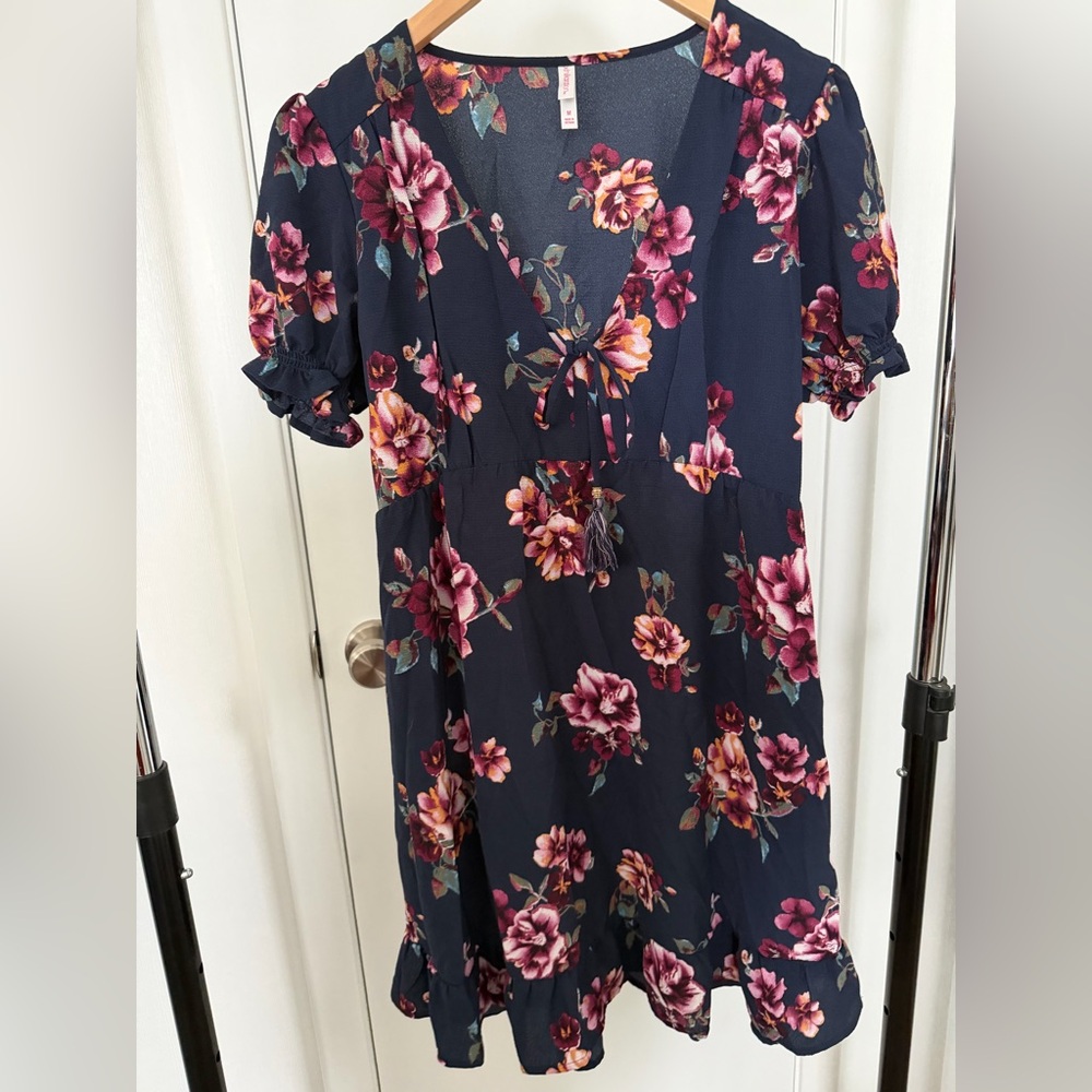 Xhilaration Navy Floral Blouse with Pink Accents